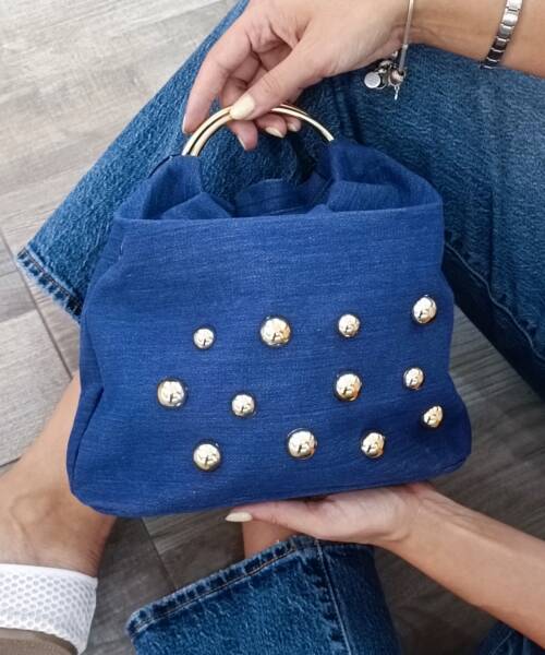 Bolsa Tela Azul con Argollas Oro Mod. 23 1101
